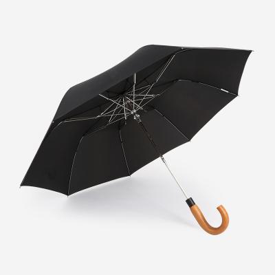 China Minimalist Yubo 23 Inch New Design Black 2 Fold Fiberglass Windproof Umbrella With J Shaped Wood Handle for sale