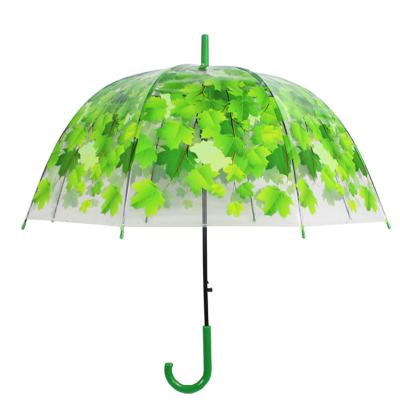 China Minimalist Automatic Open Leaf Printing Wholesale Clear Transparent Straight Dome Umbrella Plastic POE Umbrella for sale