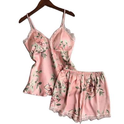 China Xiaoda2021Women Breathable Satin Nightwear Pajamas Nightgown 2Pcs Silk Floral Satin Lace Up Comfortable Top+Shorts Lingerie Set for sale