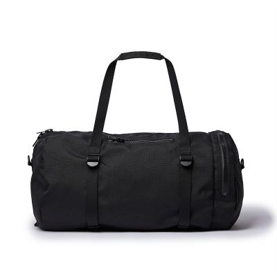 China Custom Barrel Shape Logo Mens Travel Weekend Duffle Recycled RPET Polyester Nylon Fabric Barrel Duffel Bag With Shoe Compartment for sale