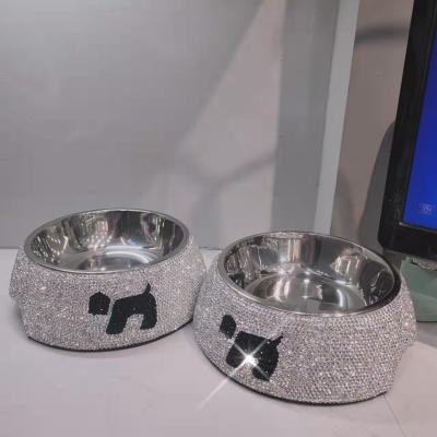 China Large High Viable Diamond Rhinestone Luxury Double Bowl Dog Food Basin Stainless Steel Bling Luxury Pet Bowls for sale