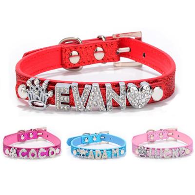 China Wholesale Custom Name JEWELED Bling Personalized Leather Name Choker Dog Collars Alphabet Charm Pet Collars for sale