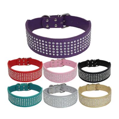 China Fashion Soft Adjustable Thick JEWELED Crystal Durable Pet Collar 3 Inch Wide Luxury Wholesale Leather Dog Collar Five Rows for sale