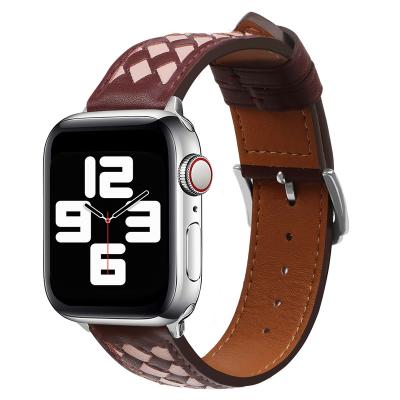 China Dermis Burgundy Rose Apple Watch Band Leather Hand - woven fashion patchwork color 49mm for watch band iwatch applewatch87654321 ultra for sale