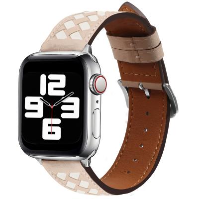 China Dermis Apricot Apple Watch Band Beige Leather Hand - Woven Fashion Patchwork Color 45 49mm For Applewatch87654321 Ultra Watch Band iwatch for sale