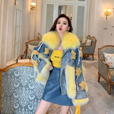 China Jtfur Fashion Star Cowboy Coat Viable Cute Faux Stone Decorated Collar Splice Fur Jean Coat for sale