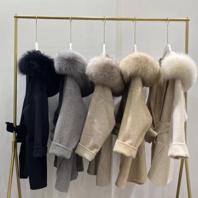 China Winter Warm Coated Fox Fur Hood Oversize Wool Cashmere Coat Jtfur Anti Wrinkle Real Coat With Fur Trim for sale