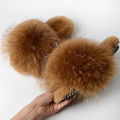 China CUSHIONING CUSHIONING Full Raccoon Jtfur Rabbit Fur Soft Winter Women Home Slippers Shoes Sole Sandal With Real Fox Fur Slides With Jewel Sole for sale