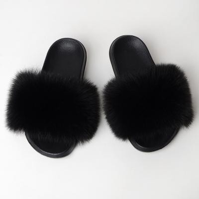 China Fashion EVA Sole Sandal Black Faux Plush Faux Fur Anti-Slippery Fox Fur Shoes Slippers Cute Furry Slides Anti-Slippery Wholesale for sale