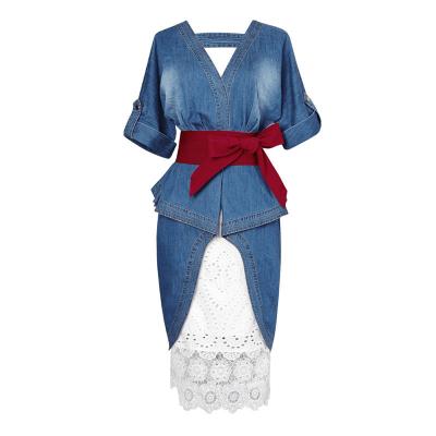 China Anti-wrinkle new arrival women sexy denim skirt set soft V-neck denim skirt and lace hollow out skirt women two pieces of clothing set for sale