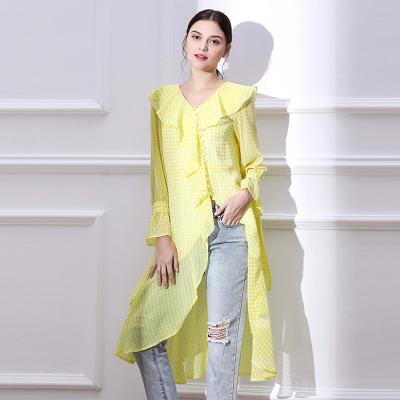 China High Fashion Women Anti-pilling Blouse&Tops Check Pattern Yellow V-Neck Fabric Buttons Up Asymmetric Ruffles Long Sleeves Aplet Shirt for sale