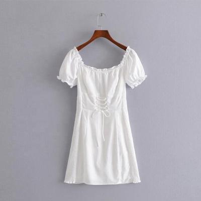 China Anti-Static Solid White Vintage Style Young Ladies Lace Up Short Canvas Blended One-Piece Short Mini Girls Cotton Dress Puff Sleeves for sale