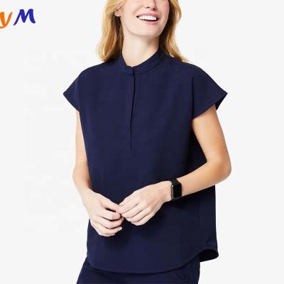 China Stylish Hospital OEM One Button Closure Mandarin Collar Nursing Scrub Tops Drop Shoulder Comfortable Hospital Women Uniform Shirts for sale