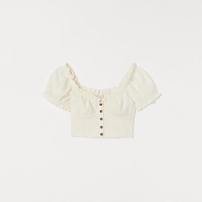 China Anti-pilling summer apparel short buttons up custom sexy women brand puff sleeves crop top plain made in cotton seersucker fabric for sale