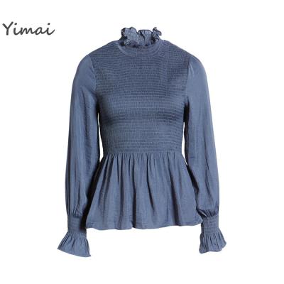 China Wholesale Customized Women Navy Color Polyester Stand Collar Anti-pilling Smocked 100% Textured Sheath Office Fashion Shirt for sale