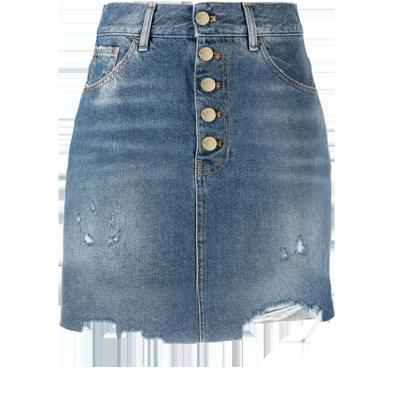 China Plus Size Summer Hot Sale Fashion Button Light Blue Washed Distressed Fringed Jean Skirt Mini Skirt Denim Skirt Women for sale