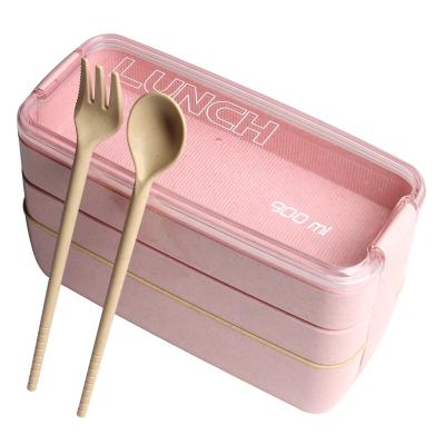 China Creative Heatable Japanese Style Wheat Straw Three-Layer Bowl For Kids Picnic Storage Microwavable S+P Outdoor Lunch Box for sale