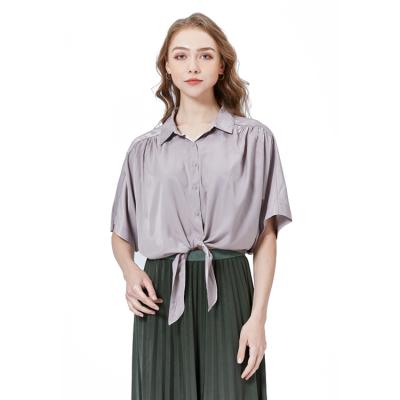 China Viable Knot Front Lose Shirt 2021 Summer Comfy Short Sleeve Blouse For Women Blouses And Casual Plain Dyed Regular Tops Polyester for sale