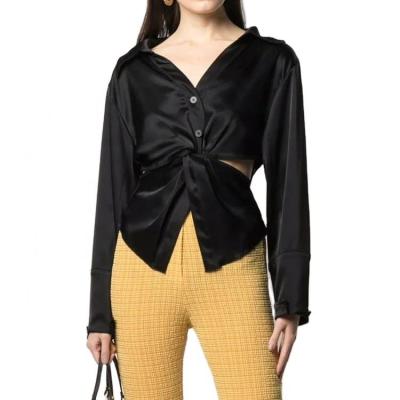 China Anti-pilling Fashion Button Front Shirt Custom Women Fashion Silk Shirt Satin Bow Cut Out Silk Shirt for sale