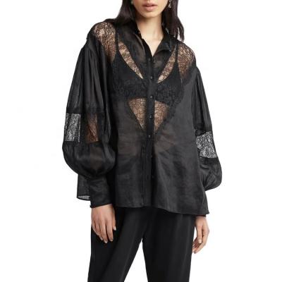 China New design balloon sleeve lace splice anti-pilling black shirt up shirt custom made ladies loose shirt for sale