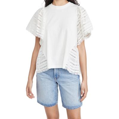 China Anti-pilling Ruffle Front Panel Tank Top Ladies T-shirt Sleeve Eyelet Short Back Edge Summer Tee for sale