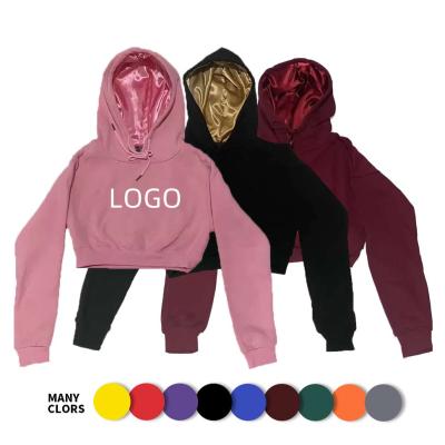 China Women Windproof Wholesale Hoodie Custom Made Luxury Oversize Fashionable Luxury Satin Lined Logo Cropped 100% Silk Hood Crop Top Satin Woman for sale