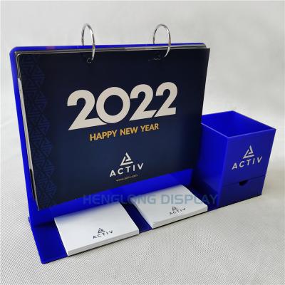 China Customized Blue Acrylic Table Perspex Table Calendar 2020 Desk Calendar Holder with Pen Box Holder for sale