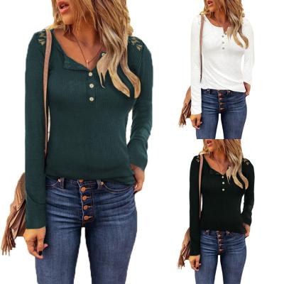 China 2021 Anti-wrinkle Fashion Autumn Button Lace Sleeve T-shirt Solid Color Cotton Long Sleeve Top for sale