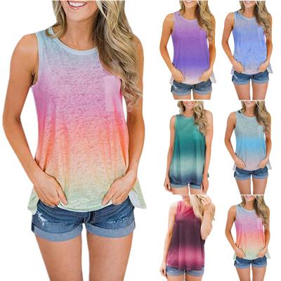 China Anti-Wrinkle Fashion Gradient Color Printing Sleeveless Round Neck Vest Pockets Round Casual T-Shirt For Lady for sale