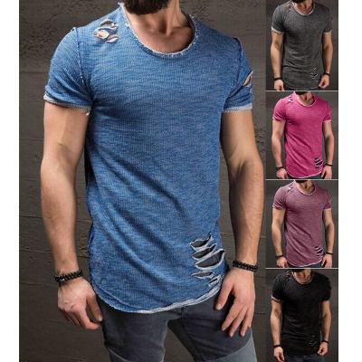 China 2021 Fashion Summer Fashion Hole Fit O Neck Slim Short Sleeve Muscle Casual T-Shirt for sale