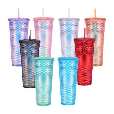 China TOP Popular Viable Double Wall Reusable Plastic Flip Straw Water Bottle 24oz Empty Matte Studded Cup for sale