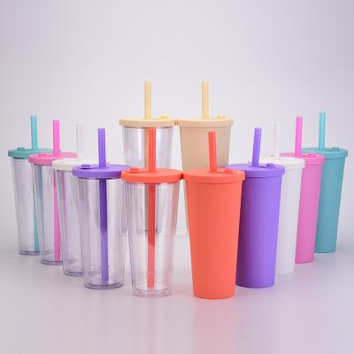 China Wholesale Custom Viable 24oz 700ml Straw Acrylic Tumbler Premium Bubble Tea Cups Plastic Reusable Double Wall Boba Cups With Lid for sale