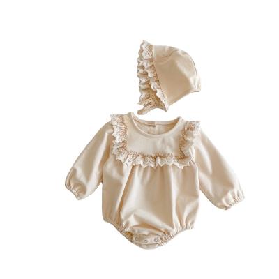 China Newest 100% Newborn Baby Girl Princess Romper Autumn Soft Cotton Lace Baby Romper With Hat for sale