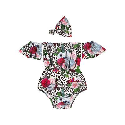 China Newborn Short Sleeve Baby Romper Floral Print Vintage Off Shoulder Jumpsuit Playsuit Outfit Clothes Headband Set for sale