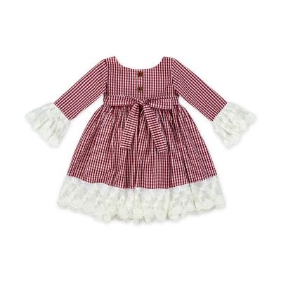 China Anti-static baby clothes long sleeves red grid plaid print embroidery lace girls clothes outfits dress with bow and button for sale