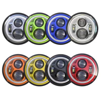 China PMMA+ABS multicolor led car headlight angle eyes dc yellow 6500K and white 12 volt 7 inch round halo headlights for sale