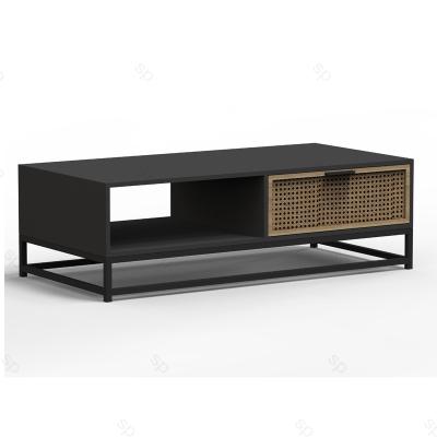 China Latest Design OEM Black Metal Leg Rattan Modern Furniture Rattan Wooden Coffee Tables for sale