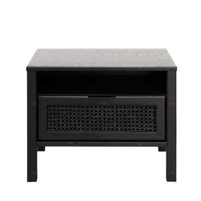 China Nordic Convertible Table Side End Furniture Bedroom Nightstand Rattan Table Black Bedside Table for sale