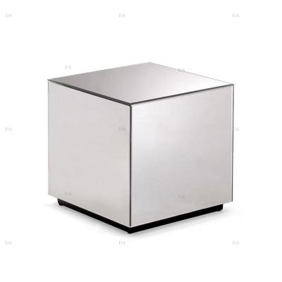 China Modern Convertible Cube Side Table Bedroom Silver Square Square Mirrored Bedside Table for sale