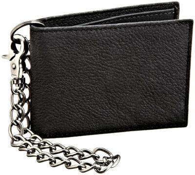 China Simple Men's Leather Short Gunmetal Bi-Fold Biker Wallet With Chain for sale