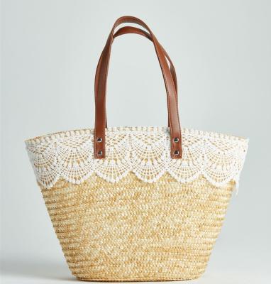 China 100% Eco-friendly Wholesale 2018 Lace Decoration Women Wheat Straw Beach Tote Bags With PU Leather Handle for sale