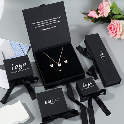 China Creative Ring Earring Necklace Box Black Ribbon Flip Necklace Earrings Bracelet Storage Jewelry Display Box for sale