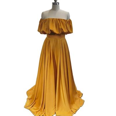 China Fashion Color Ginger Yellow Anti-Static Off Shoulder Silk Soft Satin Party Dress Breathable Anti-Wrinkle No Ruffled Even Short Dresses for sale