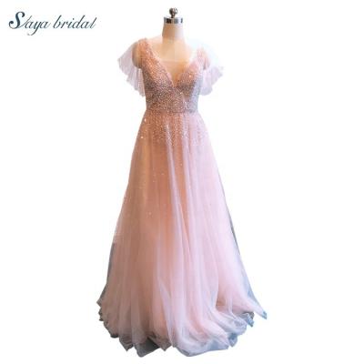 China Breathable Pink Lace Fabric Eco-friendly 100% Polyester V-neck Beading Sequin Embroidery Sleeveless Bridal Wedding Dress for sale