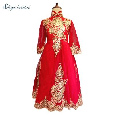 China Eco-Friendly China Tang And Party Girls' Red Knee-Length Bridesmaid Dress Long Sleeve Lace Fabric Eco-Friendly China Bridal Dress for sale