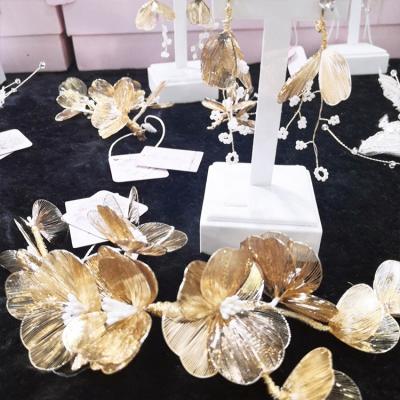 China Gold Flower Headwear Head Piece Headdress Hair Clip Hollow Bridal Accessories Polyester Two Piece Set (Earring Clip) Flower Wedding for sale