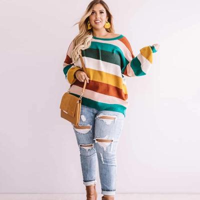 China Customized Oversized Color Stripe Sweater Anti Shrink Long Sleeves Plus Size Sweaters for sale