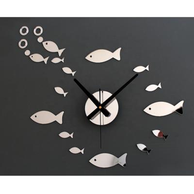 China wholesale diy creative 3d fish acrylic wall clocks decorative wall clocks mirror sticker clock for sale