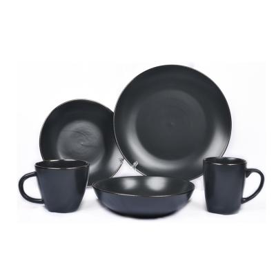 China Sustainable 5 Pcs In One Set Glazed Black Matte Color With Gold Rim Ceramic Dinnerware Set Dish Bowl And Cups for sale