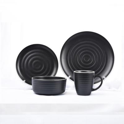 China Viable 4 Pcs 12pcs 36 Pcs In 1 Set Matte Black Color With Non-slip Line Charger Dishes Dishes Cups Ceramic Soup Bowls for sale